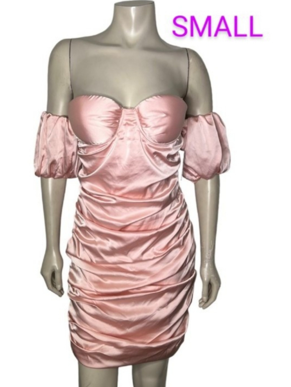 🆕Elegant Pink Satiny Silky Bustier Ruched Off-Shoulder Strapless Dress~Size S